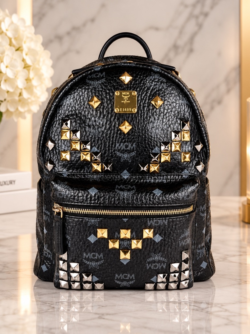 MCM Stark Side Stud Black Leather Backpack Silver Gold Hardware Entrupy COA